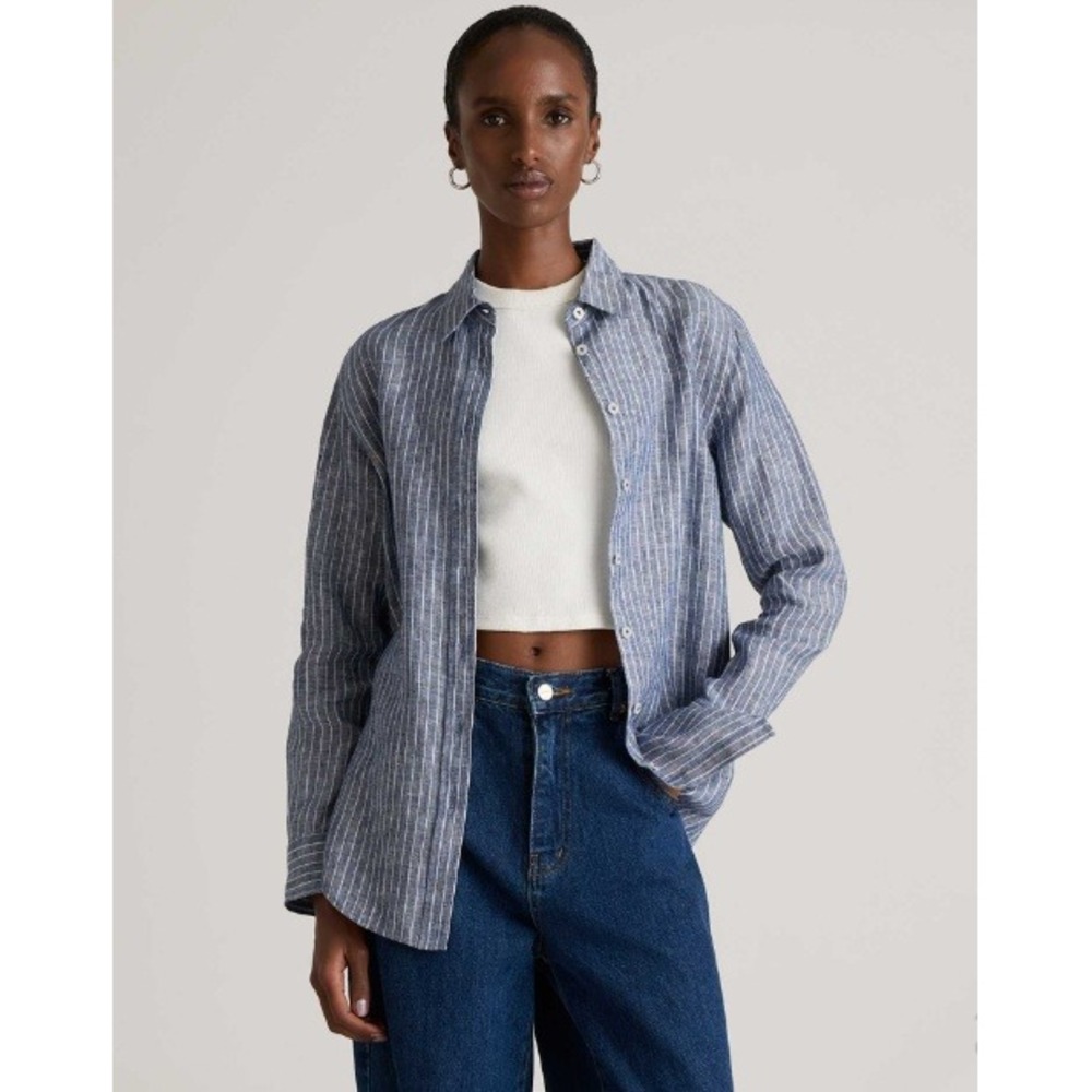 Quince Womens European Linen Long Sleeve Shirt Chambray Stripe Blue Medium